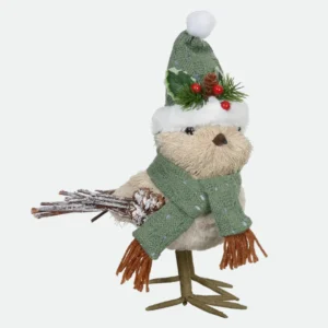 Pássaro Natal Sisal com Cachecol Verde e Bege 28X11Cm - Florarte
