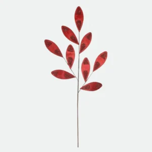 Galho Folha Natal Aveludado X9 C/Glitter Vermelho 80 cm - Florarte