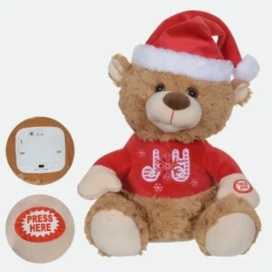 Urso Natal Animado c/ Movimento e Som Vermelho e Branco 25cm - A Pilha Florarte