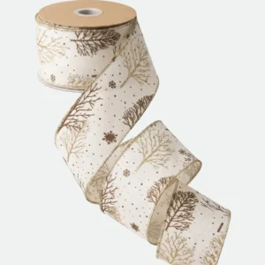 Fita Aramada Natalina Flocos e Pinheiros Branca e Champanhe 6,3cmX9,14m