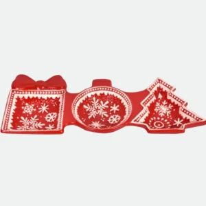 Petisqueira Natalina Presente Bola Árvore em Cerâmica 33X13X3cm (VERMELHO BRANCO)