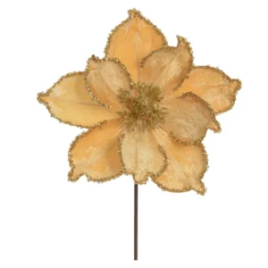 Flor Magnólia Natalina com Glitter Dourado e Pétalas Aveludadas - Enfeite Luxo 24cm