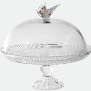 Prato para Bolo Papillon Em Cristal com Tampa e Alça de Borboleta D30xA28cm