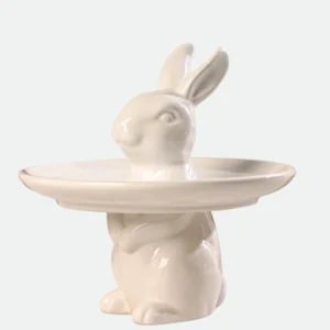 Prato c/ Coelho Em Cerâmica Páscoa Branco c/ Filete Dourado 22cm
