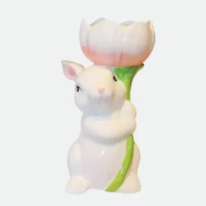 Coelho Decorativo com Flor em Cerâmica 15cm Florarte