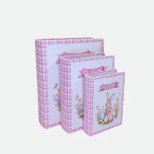 Jogo C/ 3 Caixas-Livro Rosa Coelhos Páscoa