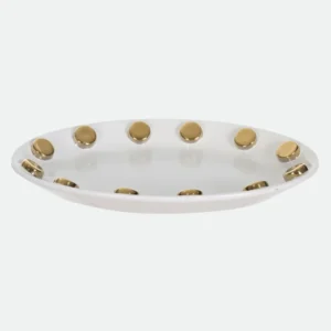 Centro de Mesa Decorativo em Porcelana Branca com Detalhes de Esferas Douradas - 27cm