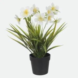 Arranjo de Mini Flores Artificiais Brancas no Pote Preto