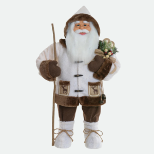 Papai Noel Decorativo Rústico de Casaco Branco e Marrom com Cajado - 60cm