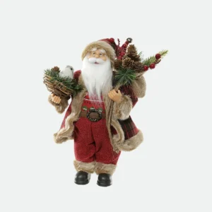 Papai Noel Decorativo Rústico de Casaco Xadrez com Ninho e Saco de Presentes - 45cm