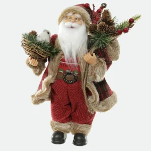 Papai Noel Decorativo Rústico de Casaco Xadrez com Ninho e Saco de Presentes - 60cm