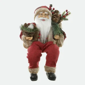 Papai Noel Decorativo Sentado Rústico de Casaco Xadrez com Ninho e Saco de Presentes - 45cm