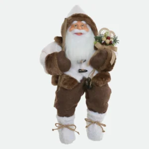Papai Noel Decorativo Rústico Sentado - Casaco de Pele Marrom com Raquetes de Neve 45cm