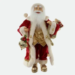 Papai Noel Decorativo Luxo Vermelho e Dourado com Saco de Presentes e Guizo - 60cm