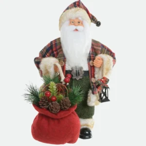 Papai Noel Decorativo Rústico de Casaco Xadrez com Lanterna e Saco de Pinhas - 60cm