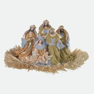 Presépio de Luxo - 6 Figuras em Resina e Tecido com Base de Palha