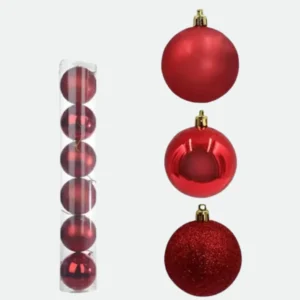 Tubo com 6 Bolas de Natal Mistas Vermelhas Premium 8cm