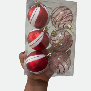 Jogo com 6 Bolas Natalinas Decoradas 6cm Vermelha, Braca e Transparente