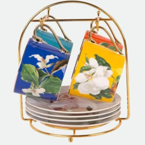 Jogo de 8 pçs para chá Blummen em new bone china com filado e suporte dourado 200ml
