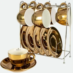 Jogo de 12 pçs p/ café Chrominno em new bone china com suporte 80ml cor dourada