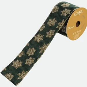 Fita Aramada Veludo Verde C/Flocos De Neve Dourados 6,3cmx9,14m