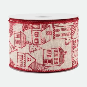 Fita Decorativa de Natal Aramada - Casas e Pinheiros Rústicos 6,3cmX9,14m