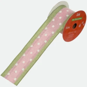 Fita Decorativa Aramada Poá Rosa e Verde 6,3cmx9,14m - Natal