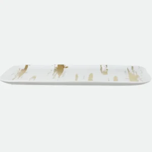 Bandeja Decorativa Em Porcelana Branca e Dourada 2,5X40X22,2cm