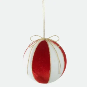 Bola de Natal de Veludo Vermelha e Branca com Laço Dourado 12cm - Florarte