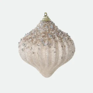 Enfeite de Natal Formato Gotão Canelado Champagne com Pedrarias e Glitter 10cm