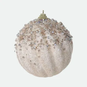 Bola de Natal Canelada Champagne com Cascata de Pedrarias e Glitter 10cm - Florarte