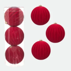 Jogo de Bolas de Natal Luxo em Veludo Vermelho Canelado – 12cm (3 Unidades) Florarte