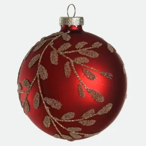 Bola de Natal em Vidro Borossilicato Vermelha Ramos Dourados 8cm