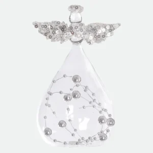 Enfeite de Natal Anjo de Vidro com Glitter e Lantejoulas Prata 12cm