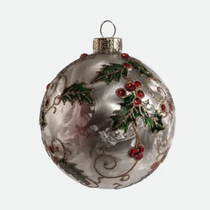 Bola de Natal em Vidro Borossilicato Azevinho com Glitter e Pedrarias 8cm