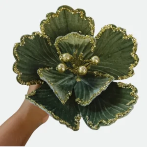Flor Magnólia de Natal Aveludada Verde e Ouro – 20X22cm