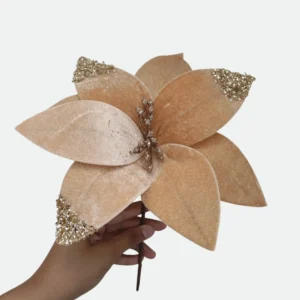 Flor Natalina Luxo Veludo Bege Nude Com Brilho E Pedrarias 22cm