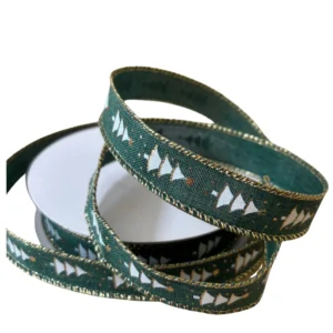 Fita Aramada Decorativa de Natal Verde com Árvores Brancas e Borda Dourada 2cmx9,14m